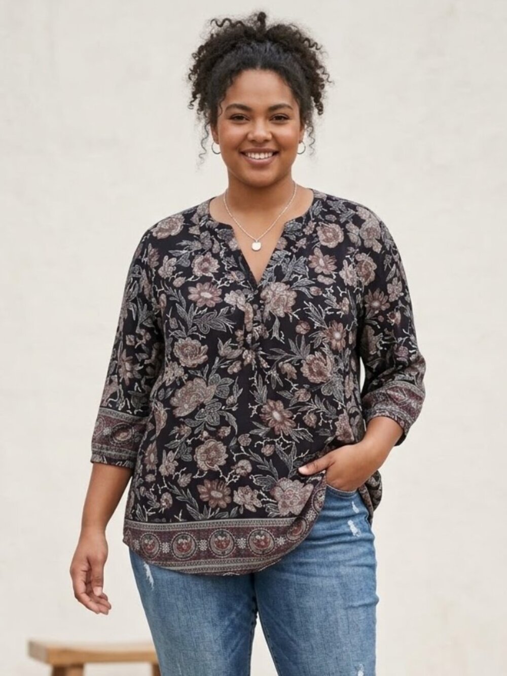 Lucky Brand Women's Size 3X Dark Floral Print Boho Split-Neck Top